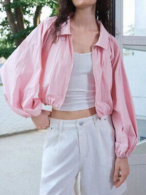Pink Casual Women's Zip-Up Pleated Versatile Lightweight Jacket
